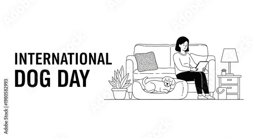 International Dog Day illustration with a woman sitting on a sofa with her dog.