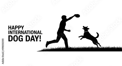 Silhouette illustration of a person playing fetch with a happy dog for International Dog Day.
