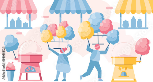 Children enjoying cotton candy at outdoor market with stalls and ice cream carts