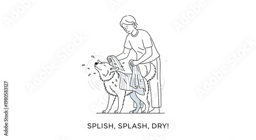 A line art illustration of a person drying a dog with a towel after a bath.