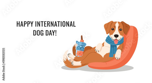 Cute cartoon dog wearing a blue scarf relaxing on a comfortable orange beanbag chair with a refreshing drink.