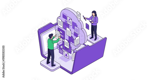Two people interact with a large digital file for digital asset management