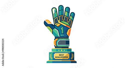 Colorful goalkeeper glove with a trophy base and best goalkeeper text