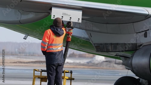 Airplane fueling. Airport technician man refueling aircraft. Terminal airline maintenance crew aviation kerosene fuel. Preparing for departure