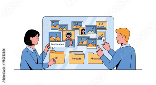 Professionals engaged in digital asset management discussing strategy with files