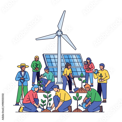 Community Planting Saplings Near Wind Turbine