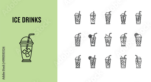 Set of iced drink vector icons featuring various cold beverages served in clear plastic cups