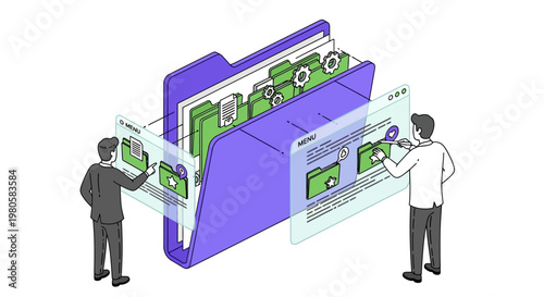 Two professionals interact with digital asset management system interface.