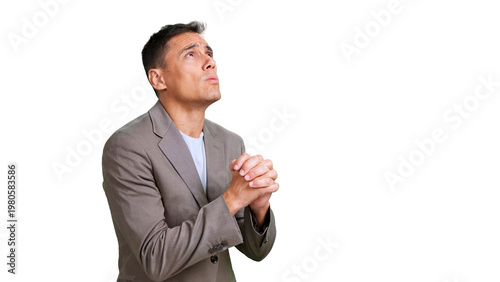 Fotografie Man praying with concern, hoping for better future, transparent background
