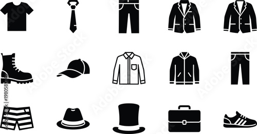 Vector Set Of Mens Clothing And Fashion Accessories Icons Featuring Suit Jacket Shirt T-Shirt Pants Boots Hat And Briefcase For Wardrobe Apparel Graphic Design
