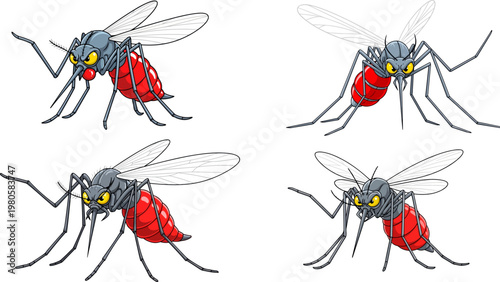 Angry mosquito cartoon character set, aggressive blood sucking insect vector collection, 4 pest control mascot illustrations with red abdomens