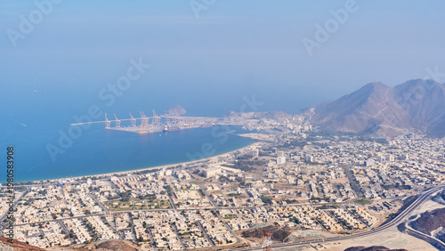 Aerial View of Khorfakkan City and Fujairah Sea Port from Mountain Lookout, UAE