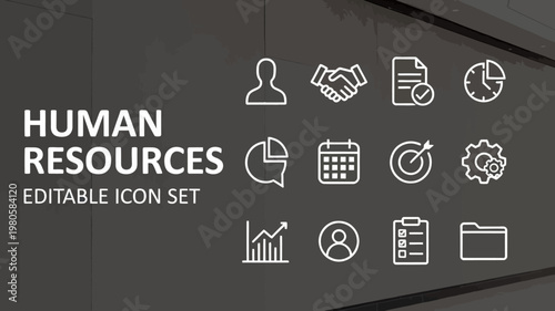 A concise selection of white outline human resources icons displayed on a dark, professional wall.