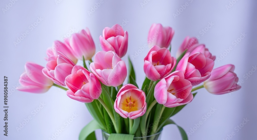 Obraz premium Close-up of fresh pink tulips with white edges in a clear glass vase, soft background, flowers petals