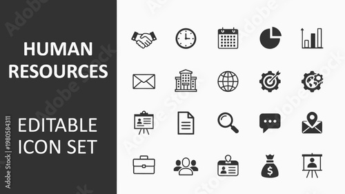 A comprehensive set of human resources solid icons is displayed on a grey background.