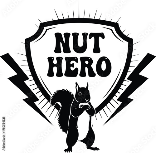 Black squirrel standing in front of shield with nut hero text