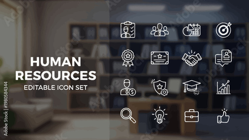 A modern office setting displays a comprehensive set of human resources outline icons.