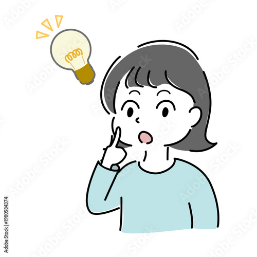 ひらめいた女性 気づく 電球マーク シンプル イラスト 発見 理解 ポイント 人物 ベクター / Woman realization idea lightbulb mark discovery understanding character vector