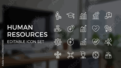 An extensive collection of human resources outline icons is displayed in a modern office environment.