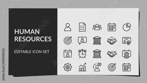 A sophisticated mockup displays black outline human resources icons on a crisp white and black background.