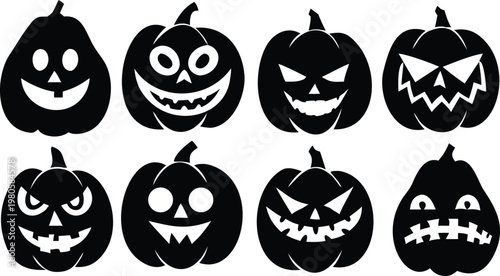 Set of eight black Halloween pumpkin jack o lantern faces scary cheerful carved festive.