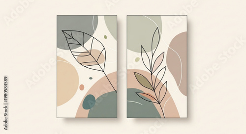 Two modern art panels with abstract leaves on geometric backgrounds for home decor