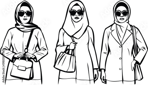 Three line art drawings of women in hijabs with handbags on transparent background.
