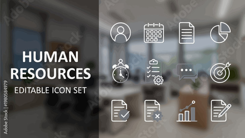 A minimalist human resources outline icon set displayed over a softly blurred bright office environment.