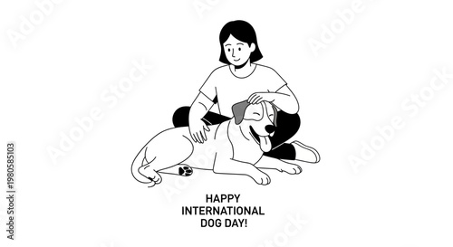 Happy International Dog Day illustration of a woman petting her happy dog.