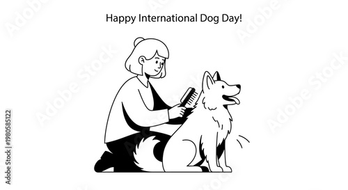 A young woman brushing her dog on International Dog Day illustration.