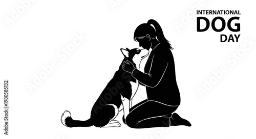 Silhouette illustration of a woman hugging her pet dog for International Dog Day.