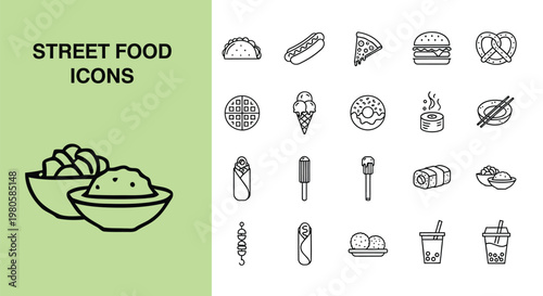 Diverse collection of street food vector line icons showcasing popular snacks and quick meal illustrations.