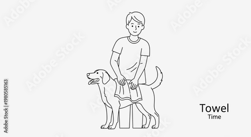 A line art illustration of a boy drying his dog with a towel.