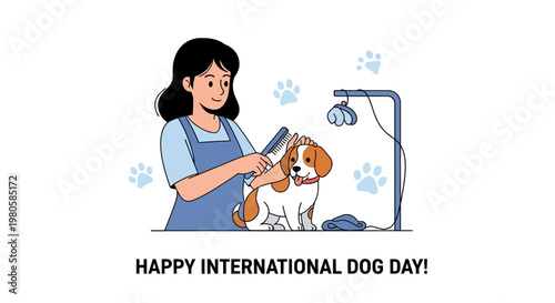 Professional Pet Groomer Brushing a Cute Dog for International Dog Day.