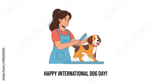 Professional groomer brushing a cute beagle dog for International Dog Day.