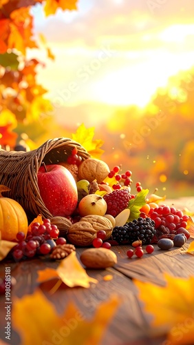 A vibrant still life of fruits and nuts on a wooden table outdoors