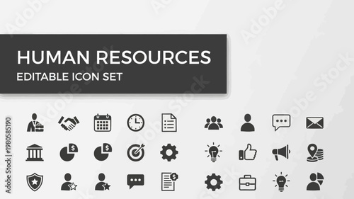 A clean layout presents a broad selection of solid black human resources icons on a crisp white backdrop.
