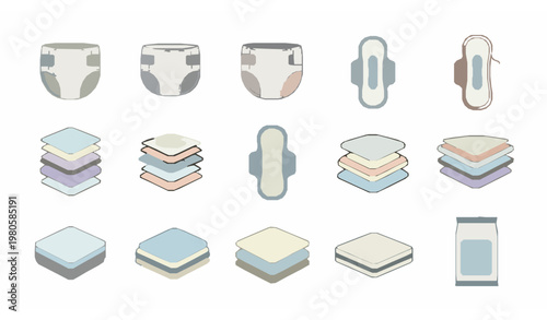 Absorbent hygiene products icon set with layered diapers sanitary pads and mattress protectors vector illustration isolated on white