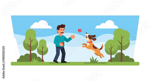 A young man playing catch with his playful dog in a sunny outdoor setting.