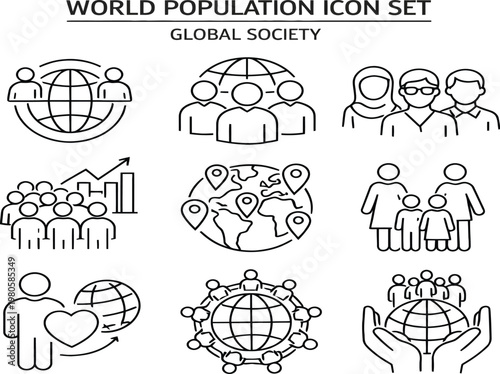 Print   World Population Line Icons Set – Global Society People Outline Vector Illustration Isolated on White