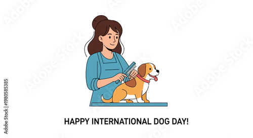 Woman grooming a cute dog for International Dog Day.