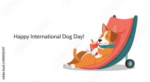 Cute corgi dog relaxing in a beach lounge chair holding a drink.