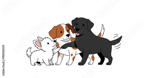 A playful illustration of three happy dogs of different breeds standing together.