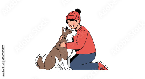 A young girl hugging her cute husky dog in winter clothes.