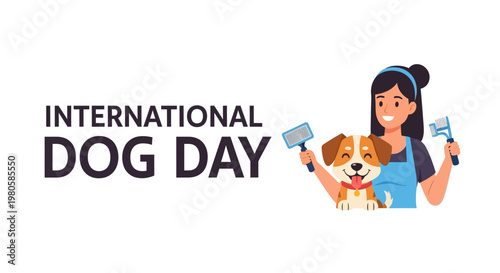 Professional Pet Groomer Caring for a Happy Dog for International Dog Day.