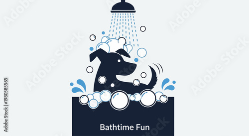 A Cute Cartoon Dog Enjoying a Refreshing Bubble Bath Under a Shower.