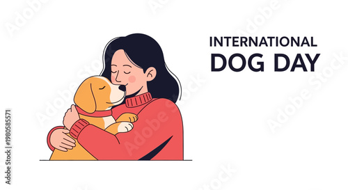 A woman affectionately hugging her beloved puppy dog for International Dog Day celebration.