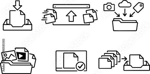Digital Asset Intake Workflow Monochrome Outline Icon Set