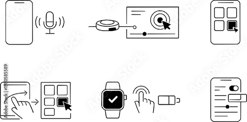 Inclusive Device Interaction Accessibility Vector Set with Voice Control, Switch Access, Touch Targets, Wearable Interface, and Mobile Settings
