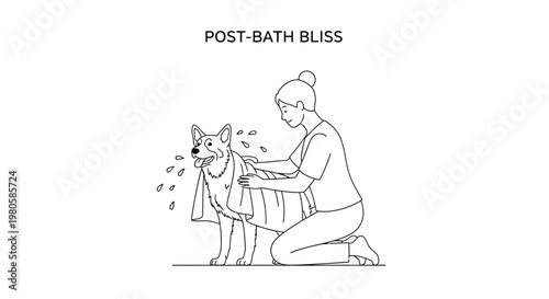 Woman drying a wet dog with a towel after bath time.